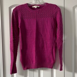 LOFT Fuchsia Crewneck Sweater with Textured Yoke